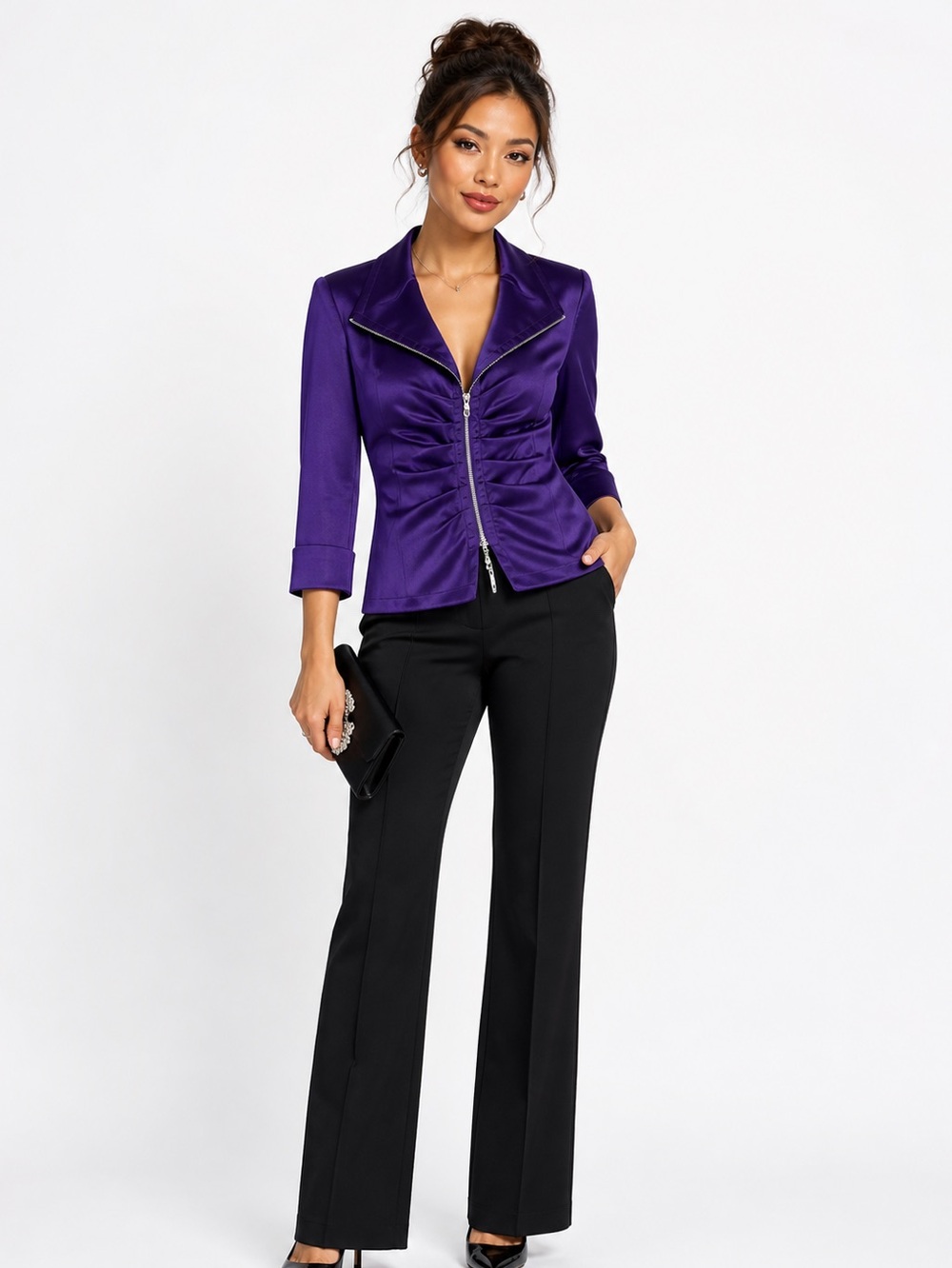 Joseph Ribkoff Purple Zip Front Ruched Jacket Size 6 Avant Garde Portrait Collar